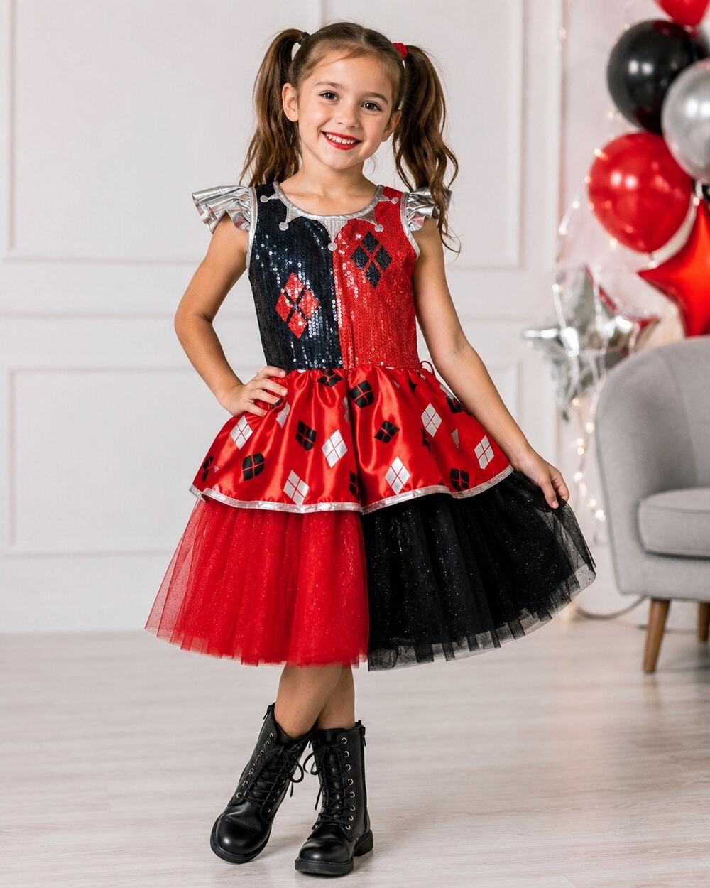 DC Comics Harley Quinn Girls Medium Sequin Tulle Costume Dress Red Black